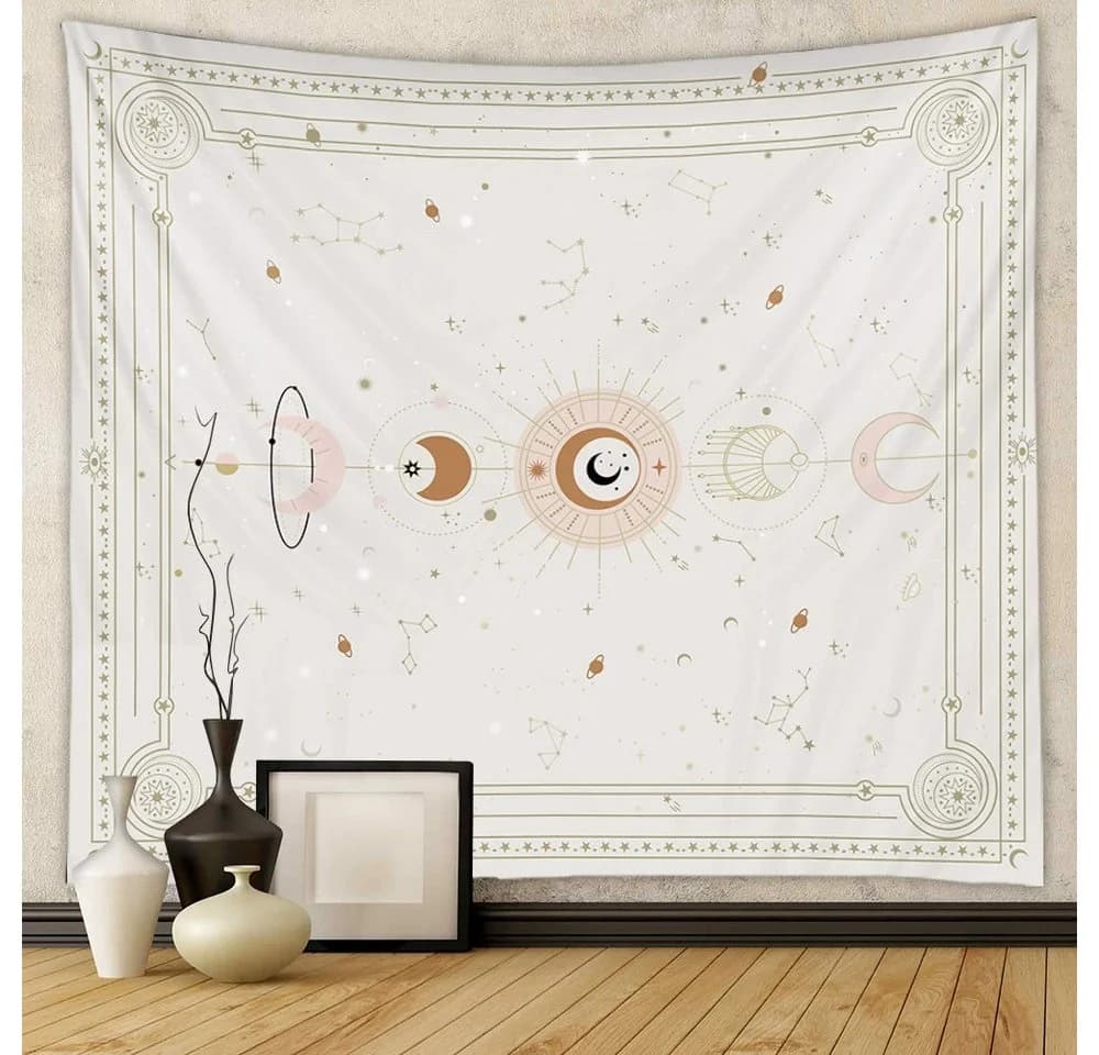 Zyronn Wandteppich Mondphasen Retro Astrologie Beige Schwarz Weiß