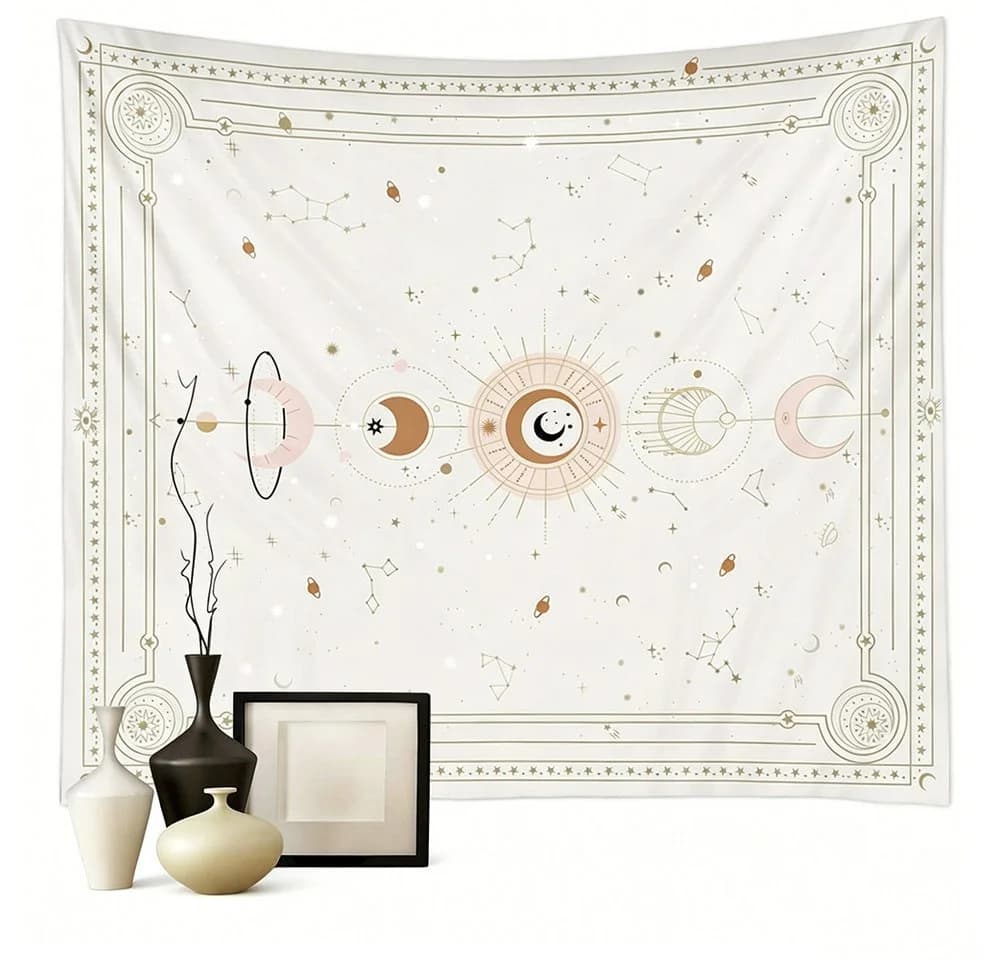 Zyronn Wandteppich Mondphasen Retro Astrologie Beige Schwarz Weiß - Bild 2
