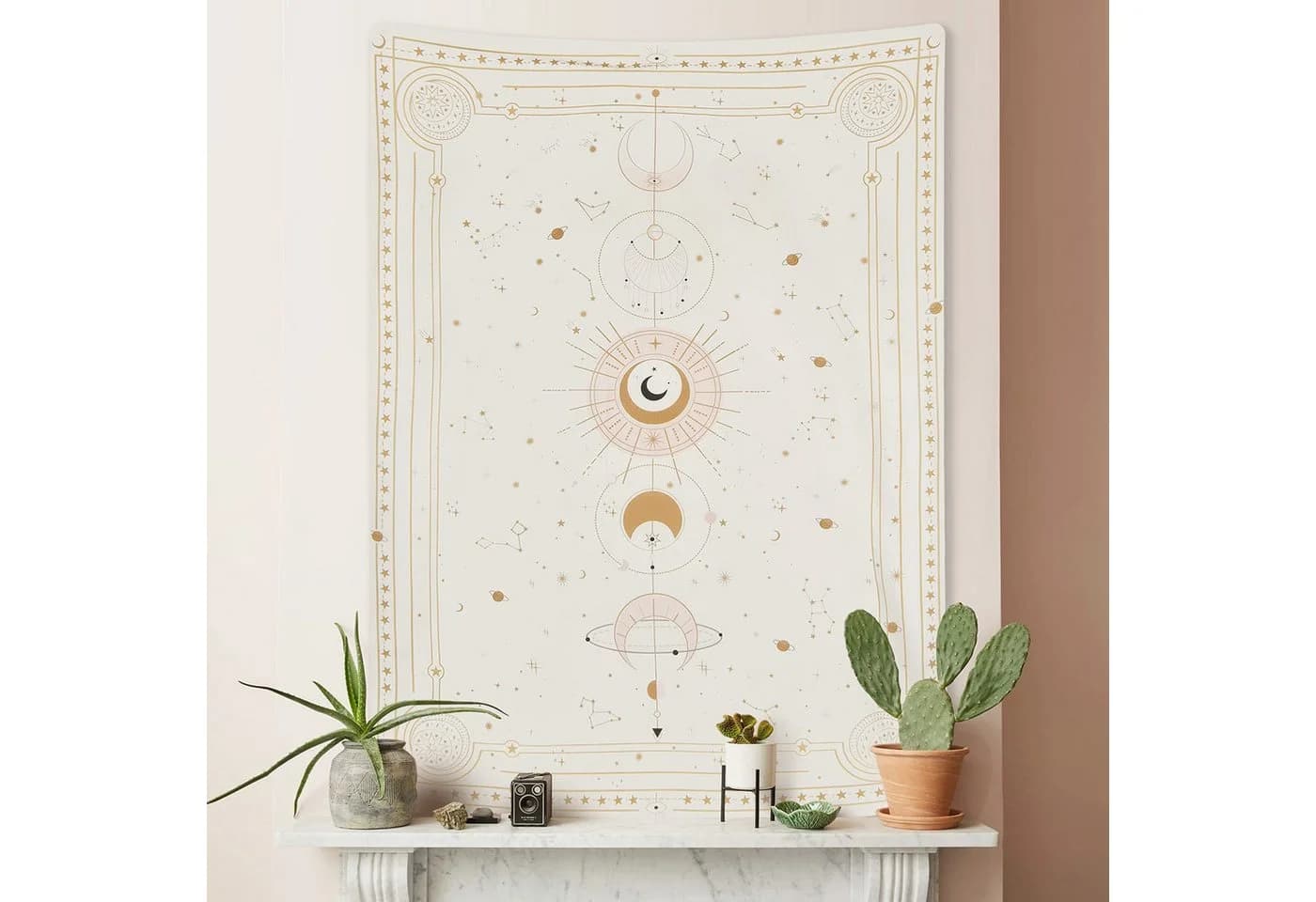 Zyronn Wandteppich Mondphasen Retro Astrologie Beige Schwarz Weiß - Bild 3