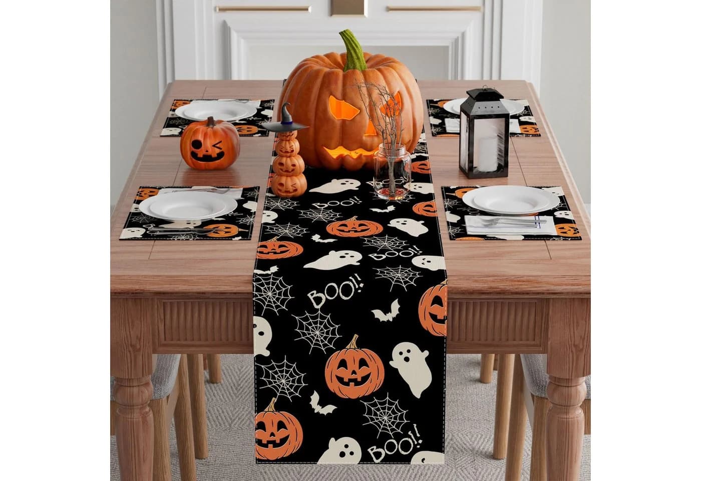 Sorvyzxn Tischläufer Halloween Leinen Kürbis-Geister-Motiv - Bild 5