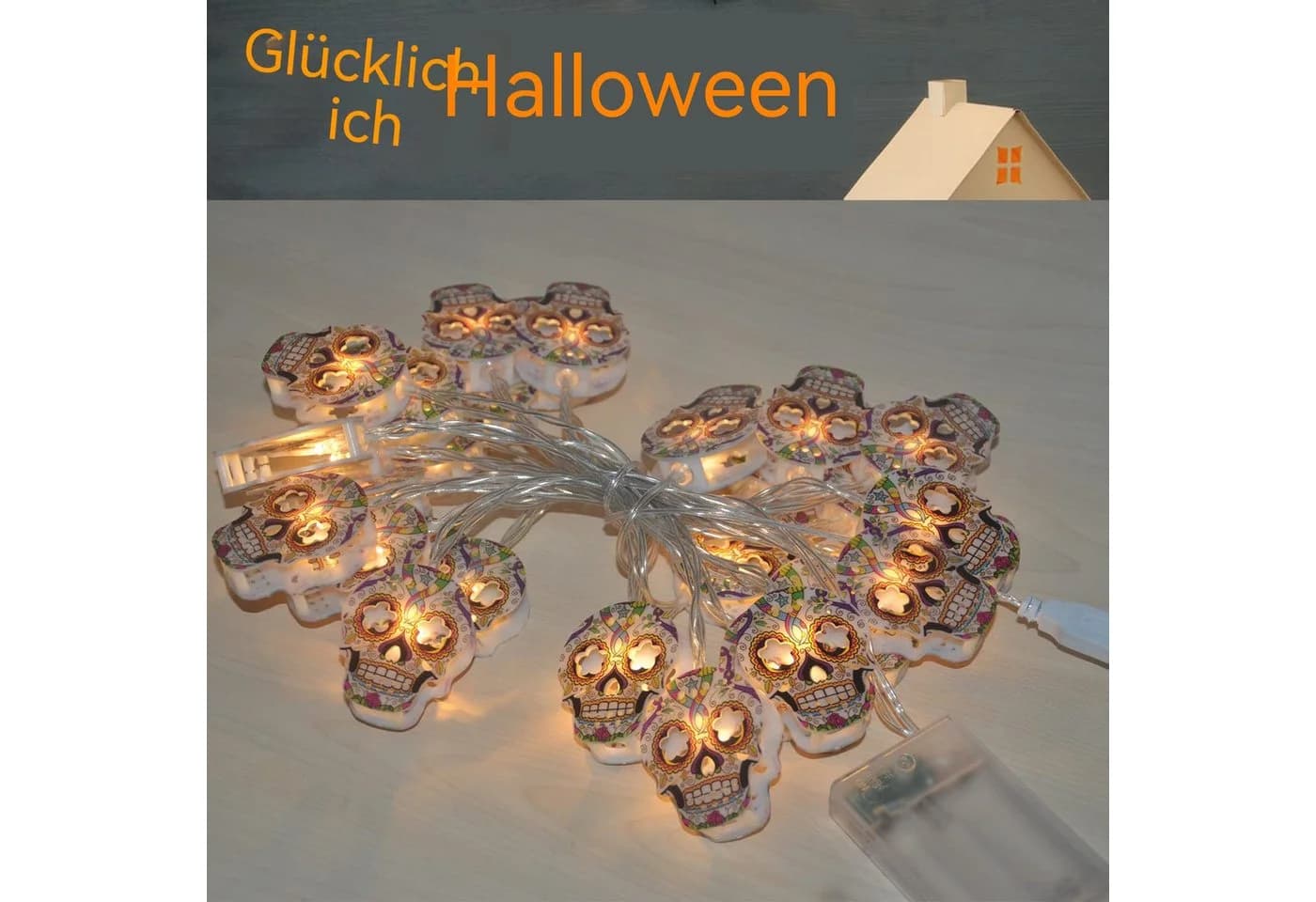 nsihing LED-Lichterkette Halloween Totenkopf 20 LEDs warmweiß