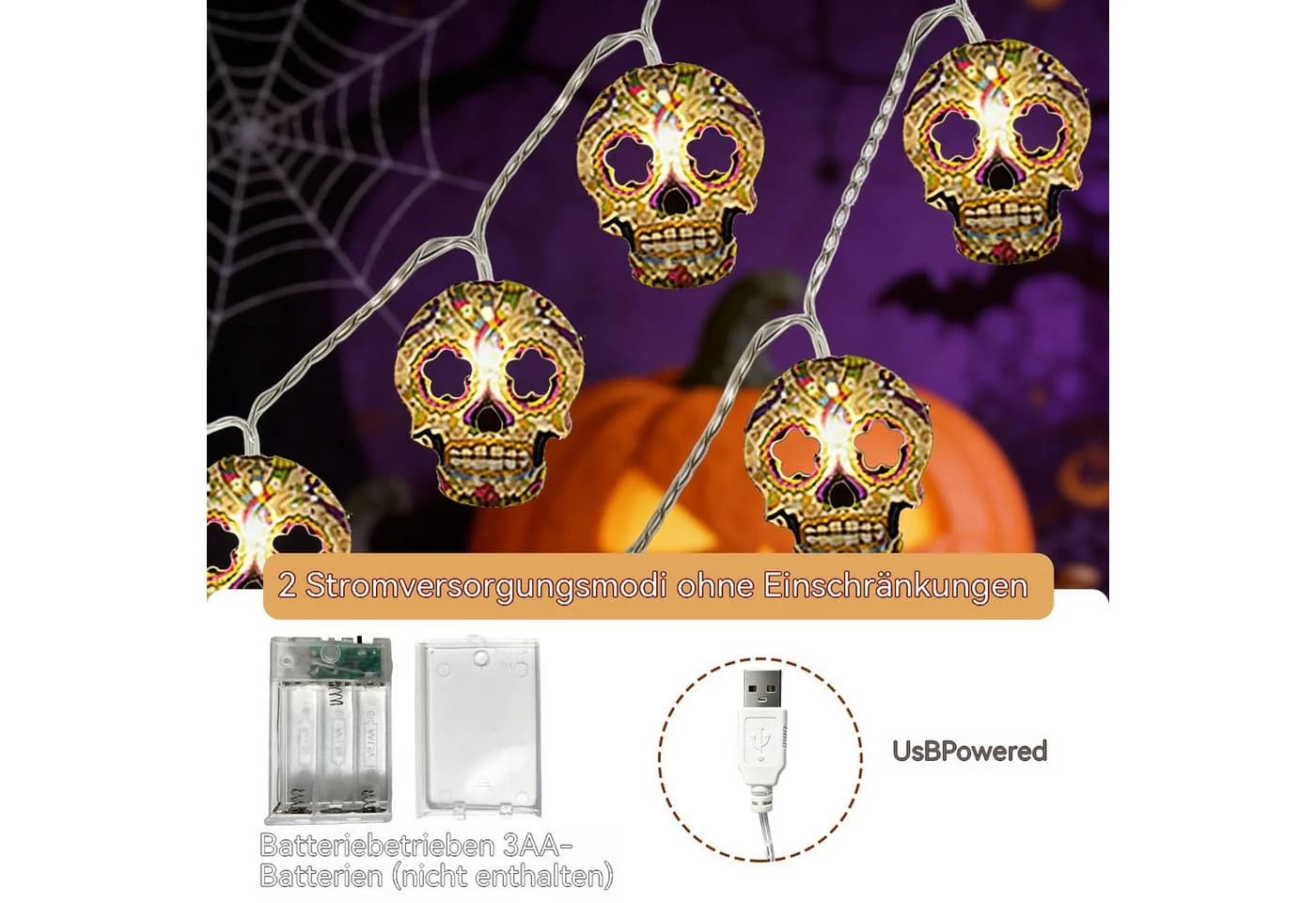 nsihing LED-Lichterkette Halloween Totenkopf 20 LEDs warmweiß - Bild 4