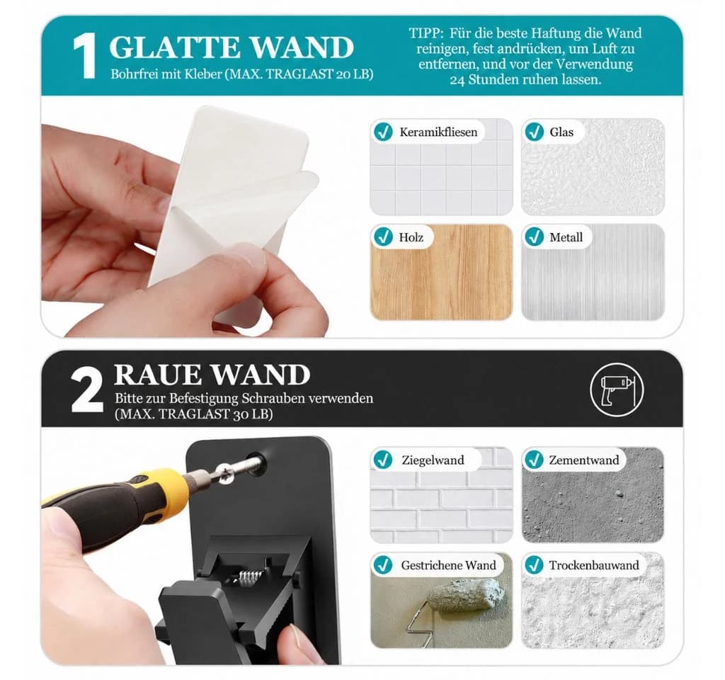 Diwzbyn Gardinenstangenhalter Selbstklebend Schwarz 2er/4er Set - Bild 5