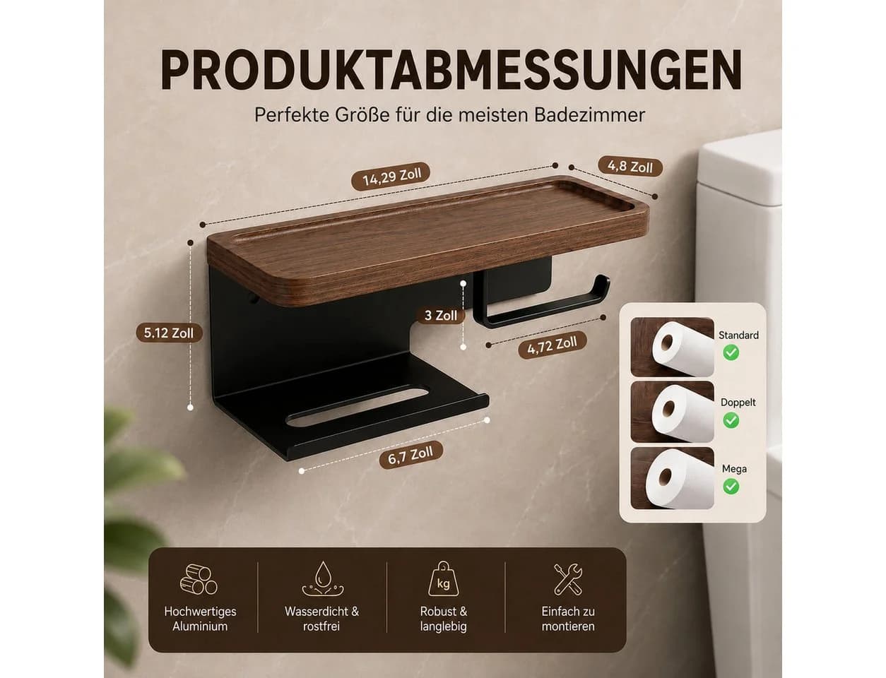 Diwzbyn Toilettenpapierhalter mit Ablage Schwarz Walnuss Edelstahl