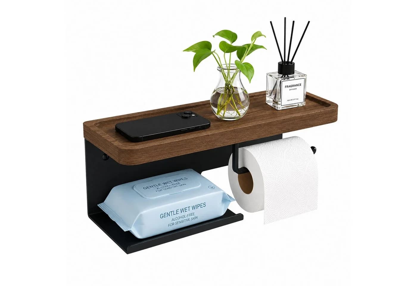 Diwzbyn Toilettenpapierhalter mit Ablage Schwarz Walnuss Edelstahl - Bild 2