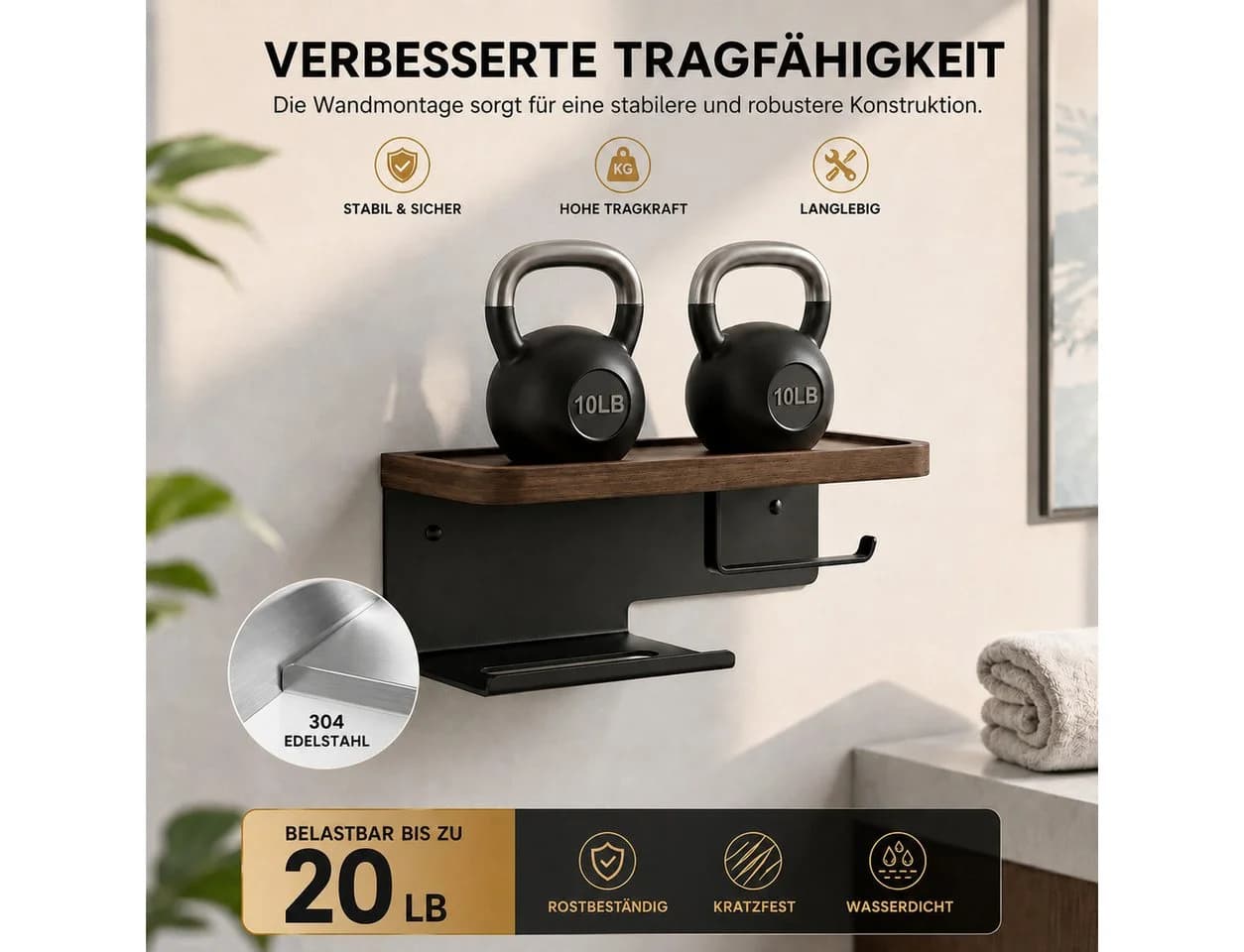 Diwzbyn Toilettenpapierhalter mit Ablage Schwarz Walnuss Edelstahl - Bild 4