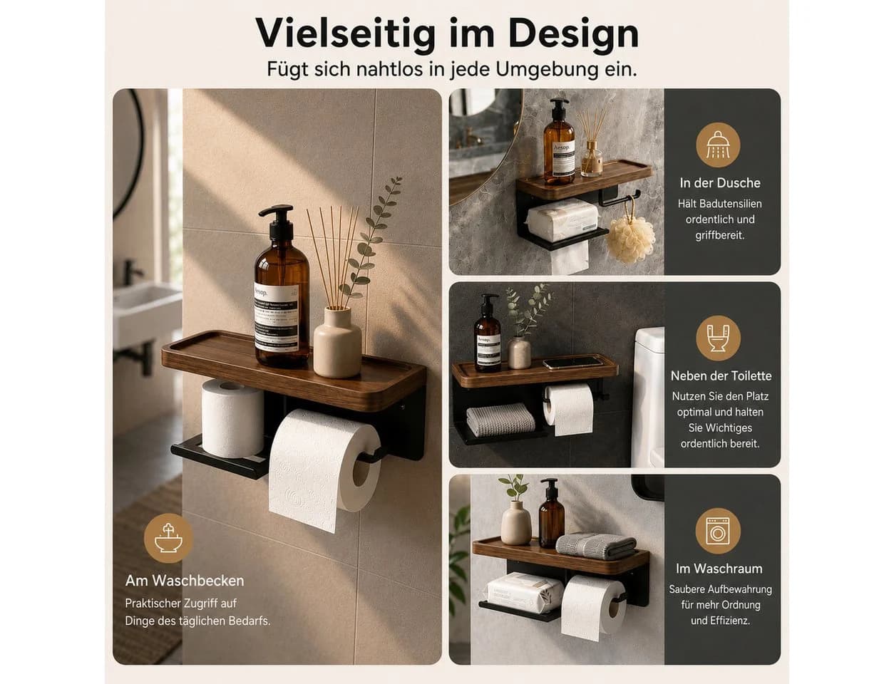 Diwzbyn Toilettenpapierhalter mit Ablage Schwarz Walnuss Edelstahl - Bild 5