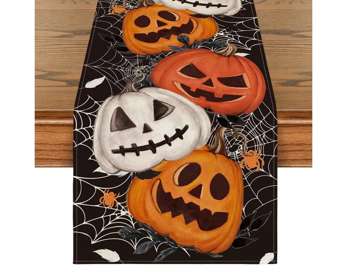 Sorvyzxn Tischläufer Halloween Schwarz Spinnennetz & Kürbis Motiv - Bild 2