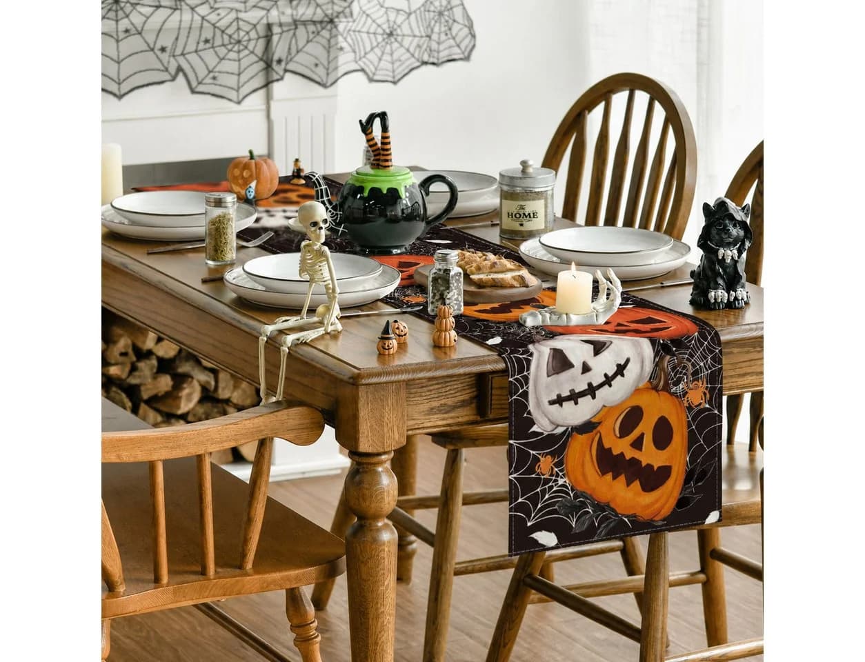 Sorvyzxn Tischläufer Halloween Schwarz Spinnennetz & Kürbis Motiv - Bild 3