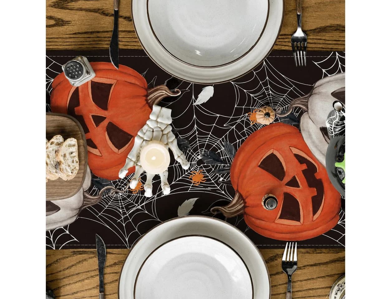 Sorvyzxn Tischläufer Halloween Schwarz Spinnennetz & Kürbis Motiv - Bild 5