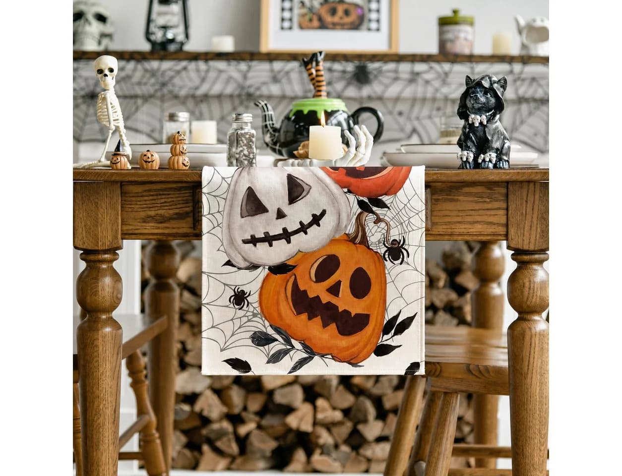 Sorvyzxn Tischläufer Halloween Weiß 33x183 cm Spinnennetz Kürbis