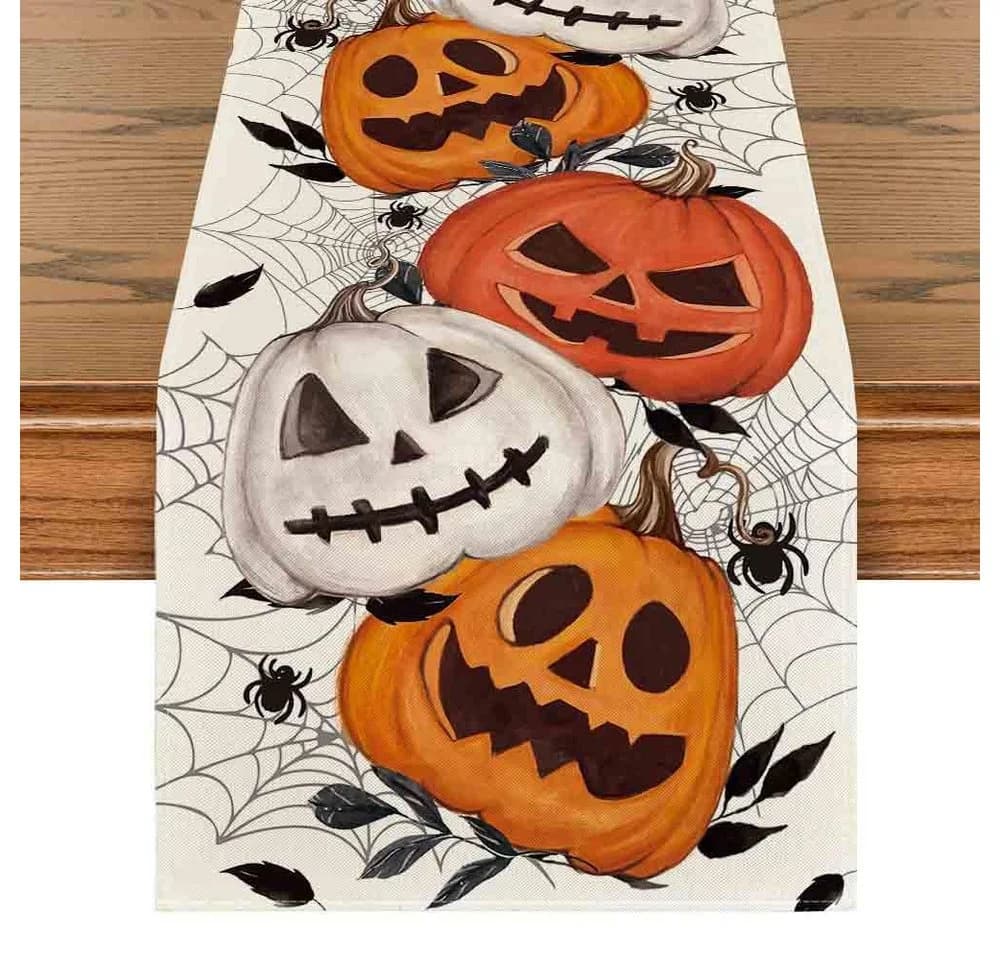 Sorvyzxn Tischläufer Halloween Weiß 33x183 cm Spinnennetz Kürbis - Bild 2