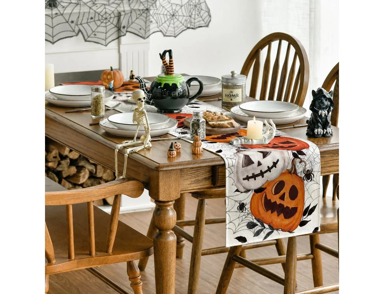 Sorvyzxn Tischläufer Halloween Weiß 33x183 cm Spinnennetz Kürbis - Bild 3