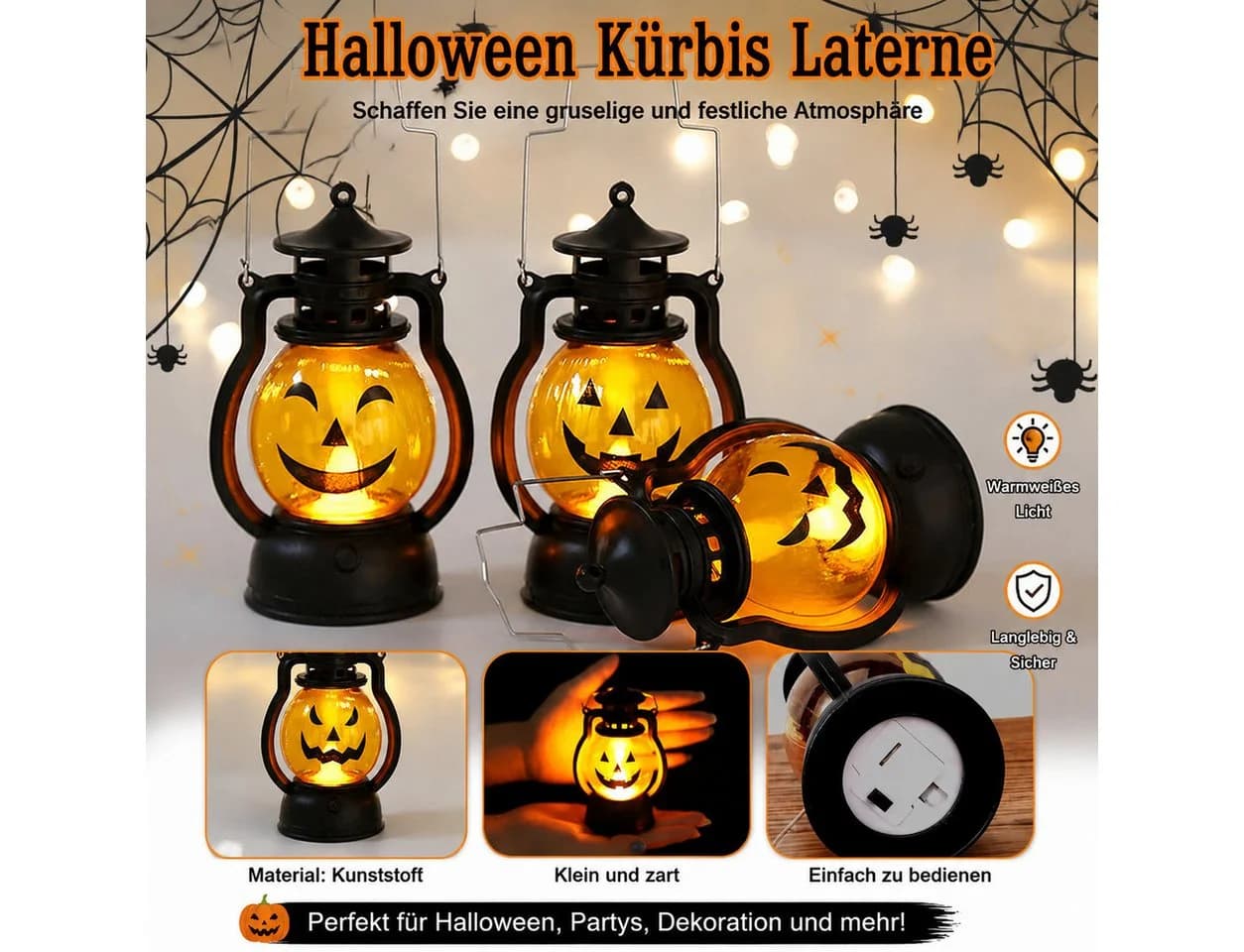 nsihing LED Laterne Halloween Kürbislaternen 3er Set Orange - Bild 4