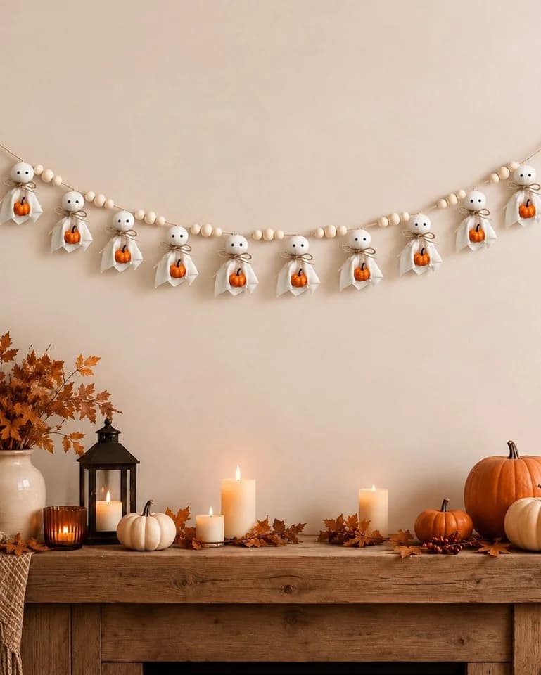 Sorvyzxn Halloween Girlande Weiß Filzgeister mit Holzperlen - Bild 2