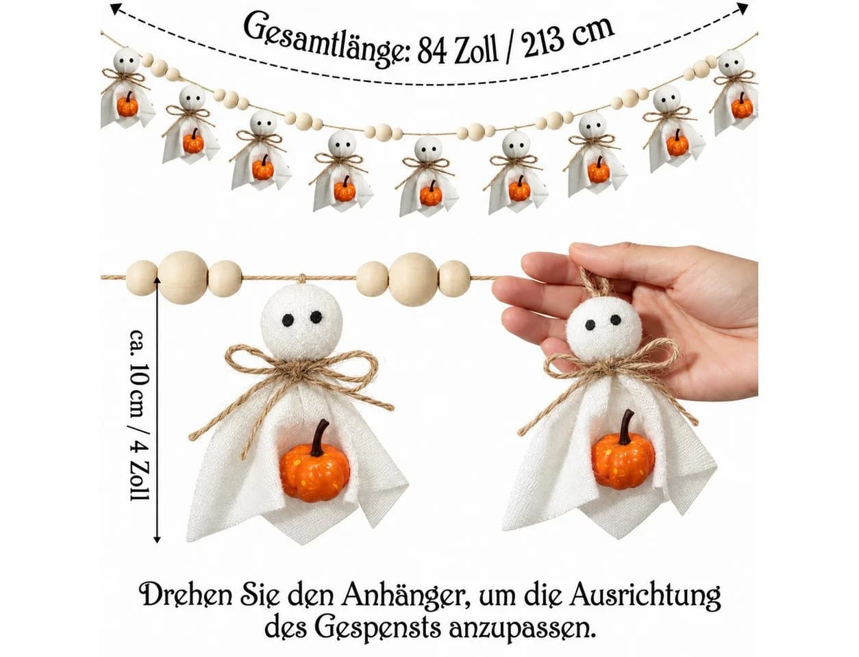 Sorvyzxn Halloween Girlande Weiß Filzgeister mit Holzperlen - Bild 3