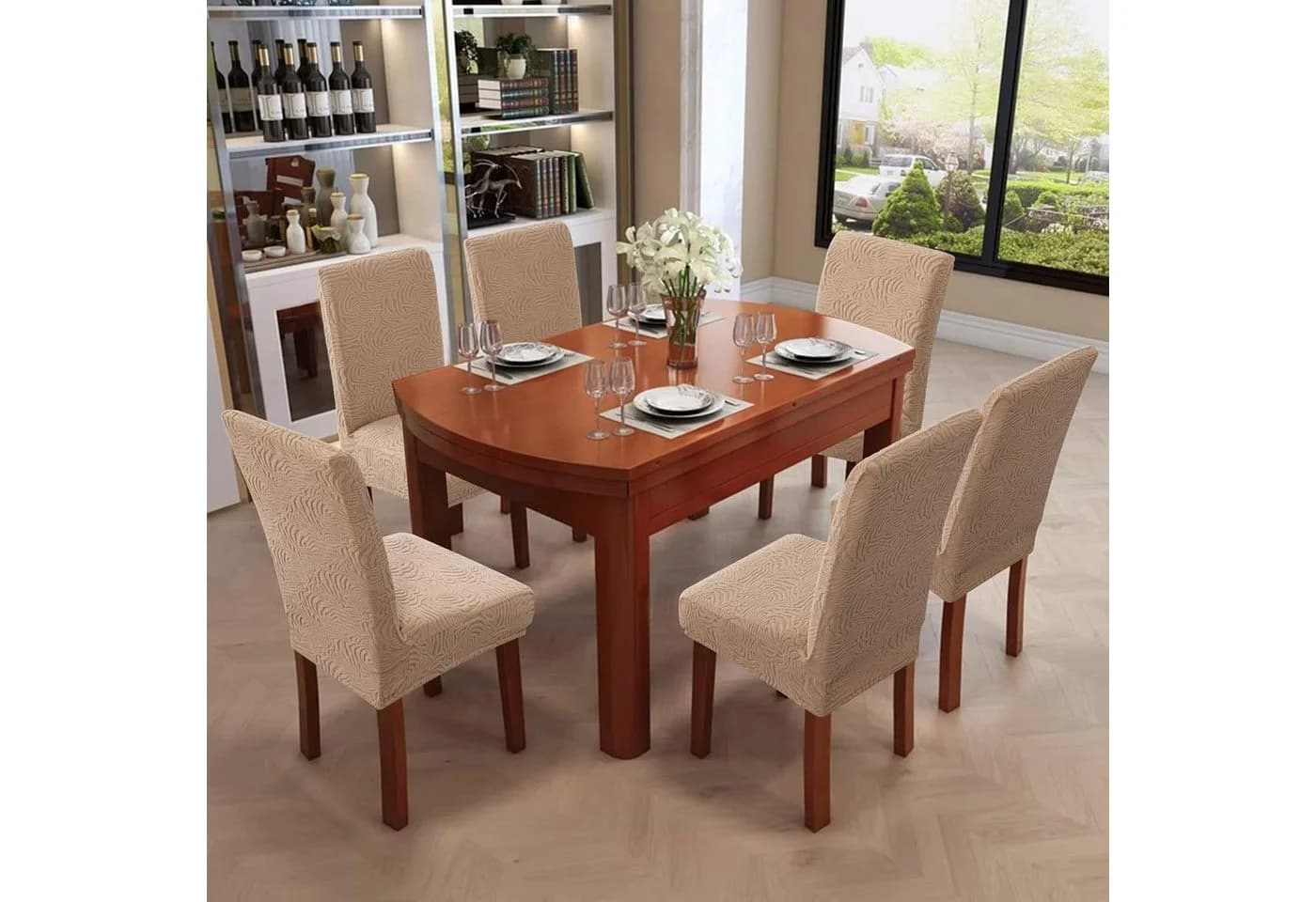 Diwzbyn Stuhlbezug Beige Elastisch Jacquard Anti-Rutsch