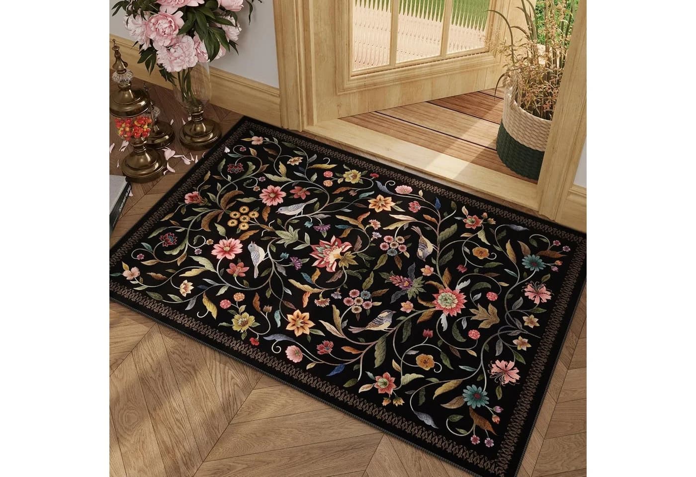 Agger Vintage-Blumenmuster Fußmatte Rutschfest Waschbar Retro Design