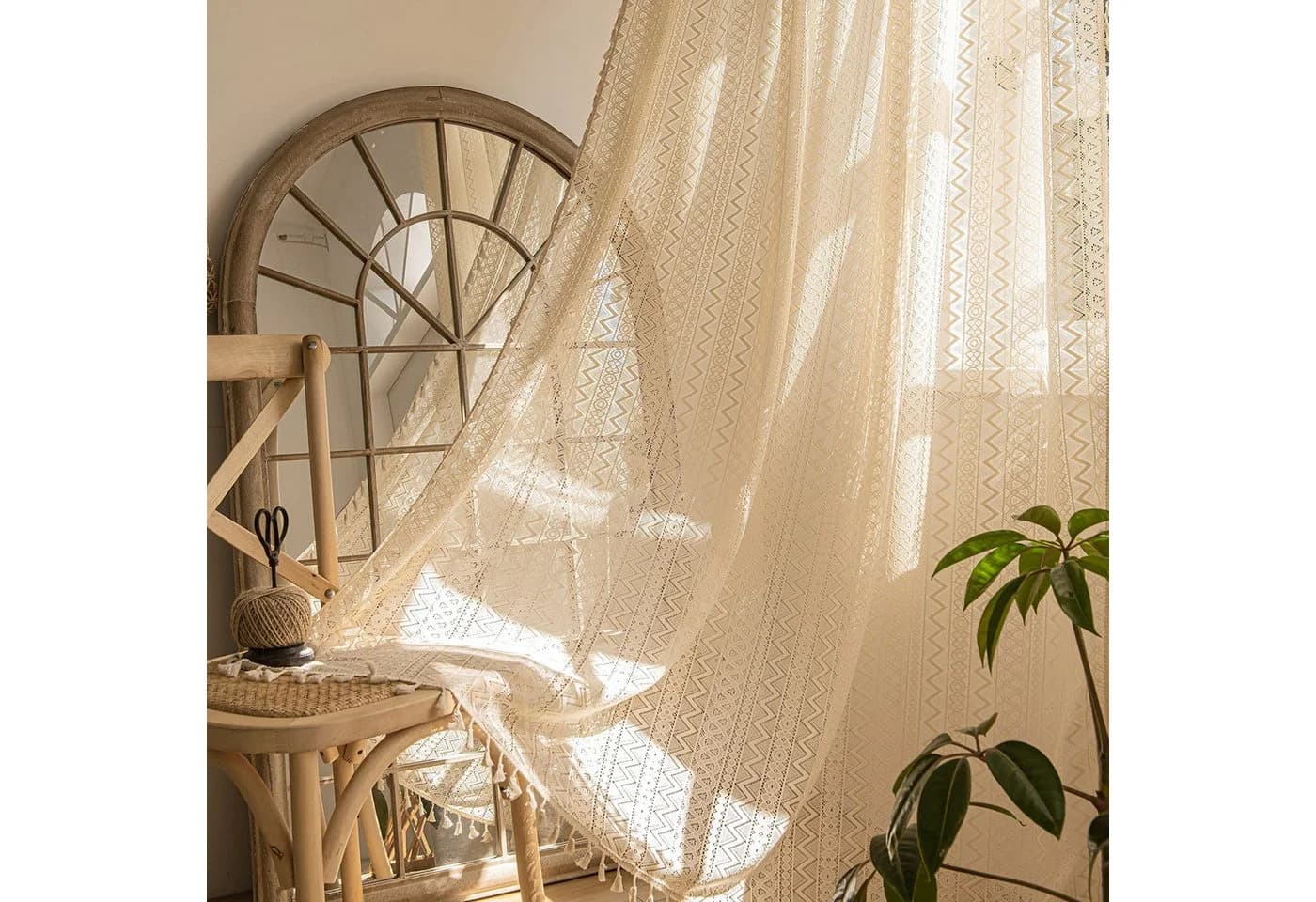 Agger Gardine Vintage-Häkelspitzen-Gardine mit Boho-Fransen