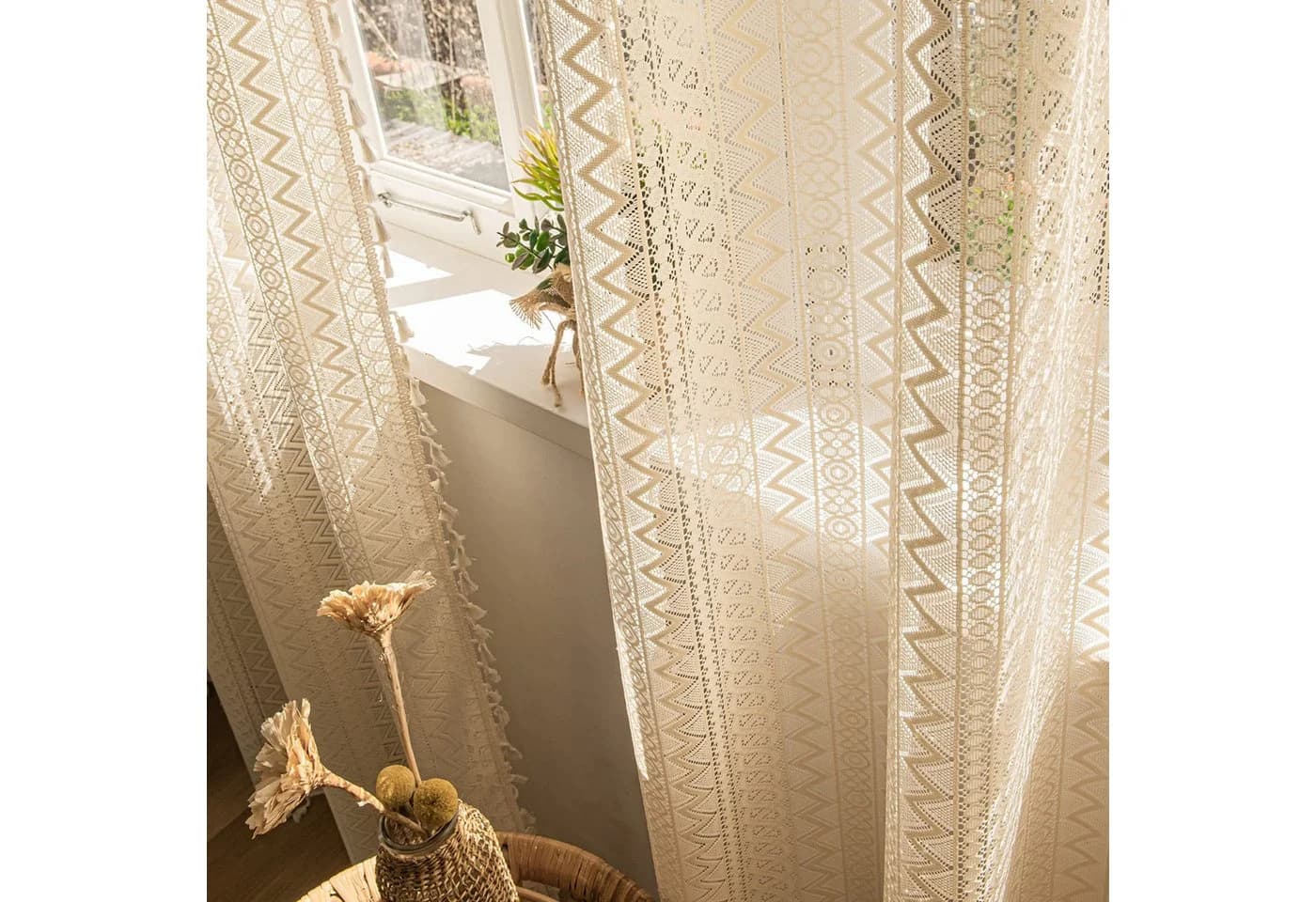 Diwzbyn Boho Gardine mit Fransen, Vintage Häkelspitze Polyester Vorhang