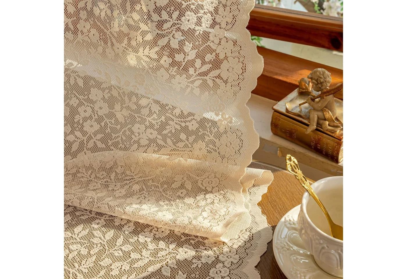 Agger Vintage-Spitzenvorhang Beige Blumenmuster Polyester