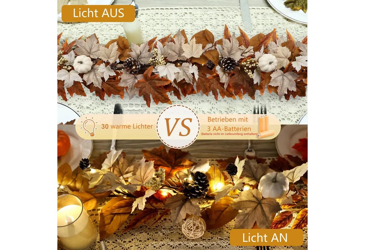 Sorvyzxn Herbstgirlande mit Lichtern 180cm Ahornblätter Kürbisse - Bild 4
