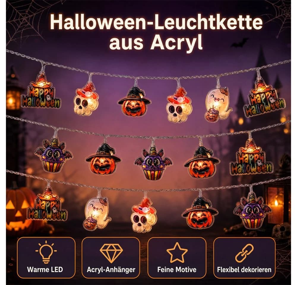 nsihing LED-Lichterkette Halloween 20LED Kürbis Batterie 2 Modi Wetterfest - Bild 3