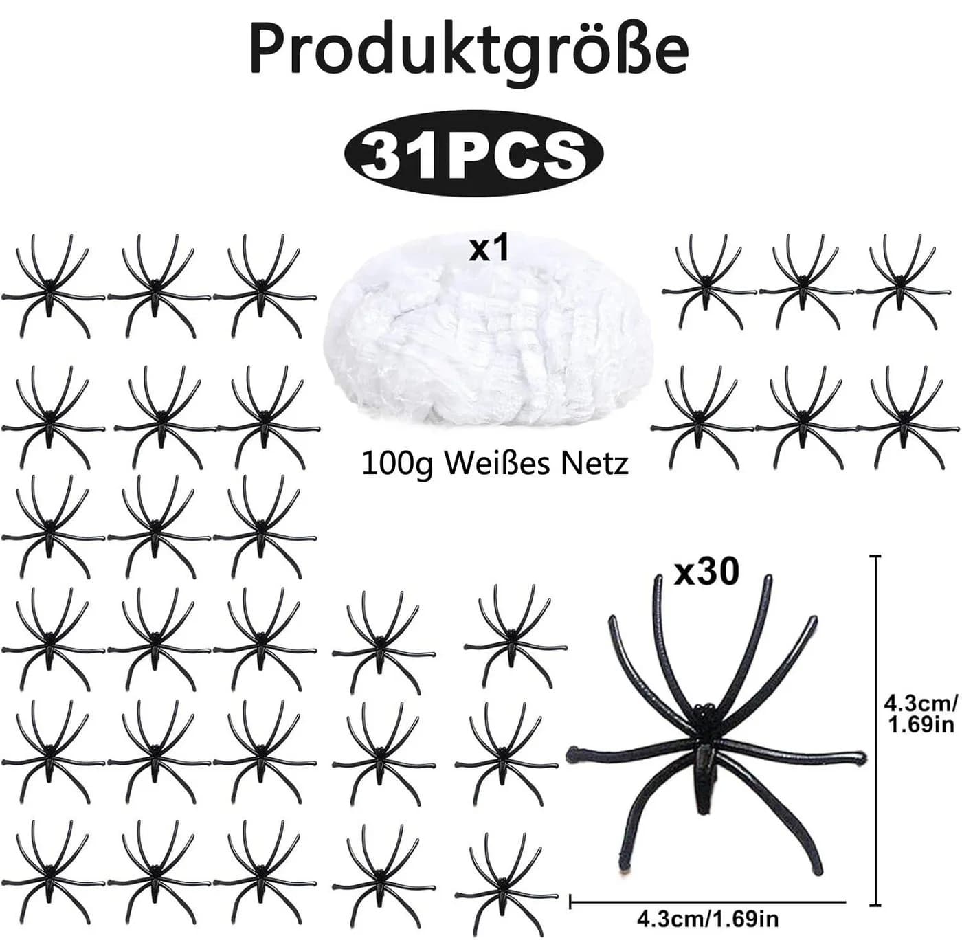 Sorvyzxn Halloween Deko Set Spinnennetz & 30 Spinnen Schwarz/Weiß