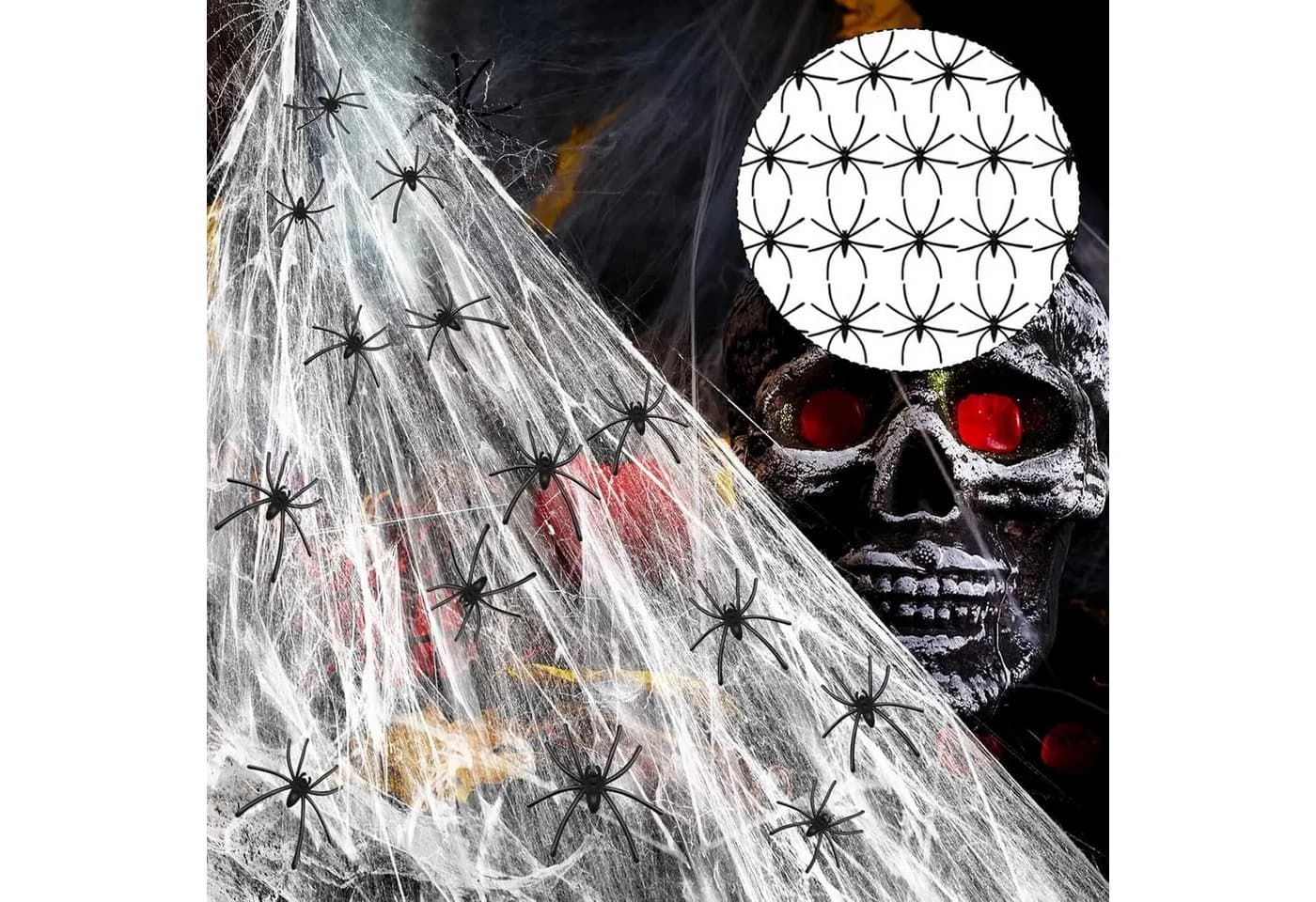 Sorvyzxn Halloween Deko Set Spinnennetz & 30 Spinnen Schwarz/Weiß - Bild 5