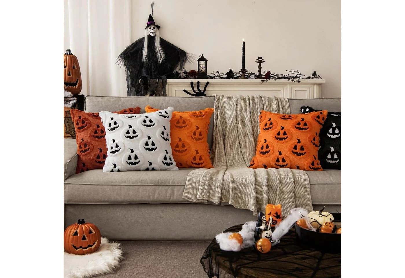 Sorvyzxn Kissenbezug Halloween Kürbismuster Kunstwolle 45x45cm 2er Pack - Bild 3