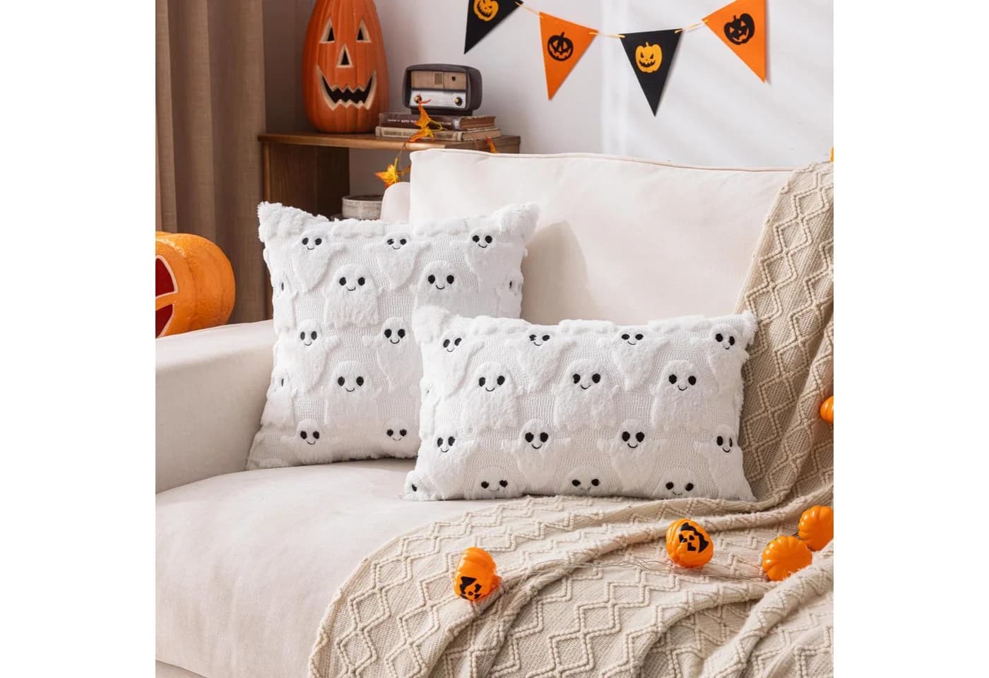 Sorvyzxn Kissenbezug Halloween 2er Set 45x45 cm Weiß/Schwarz 3D-Geister - Bild 3