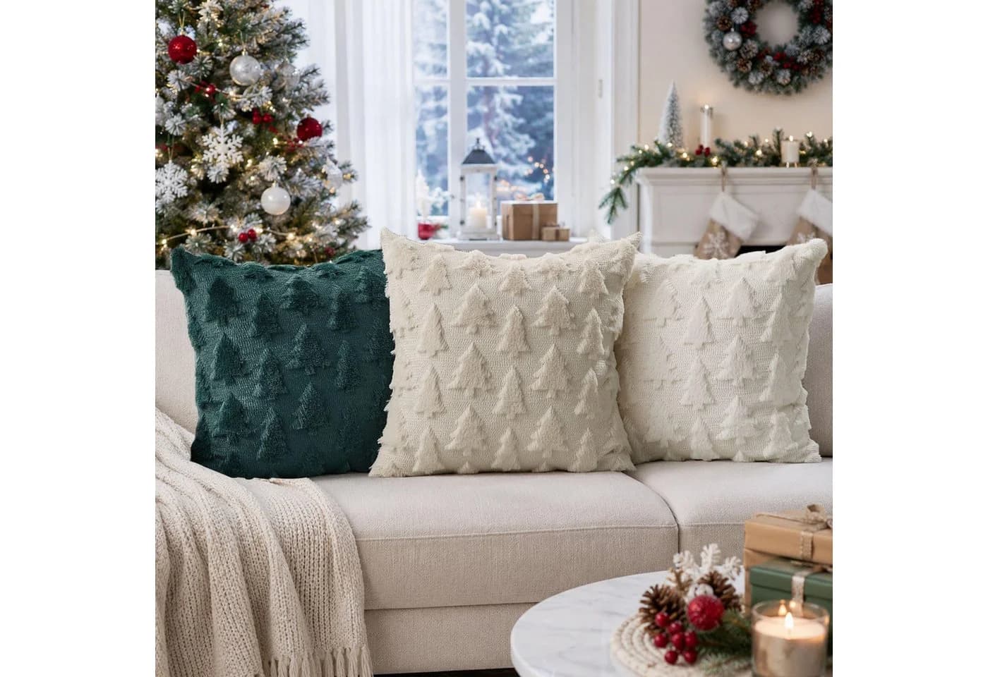 Sorvyzxn Kissenbezug Weihnachtsbaum 2er-Set Beige Plüsch