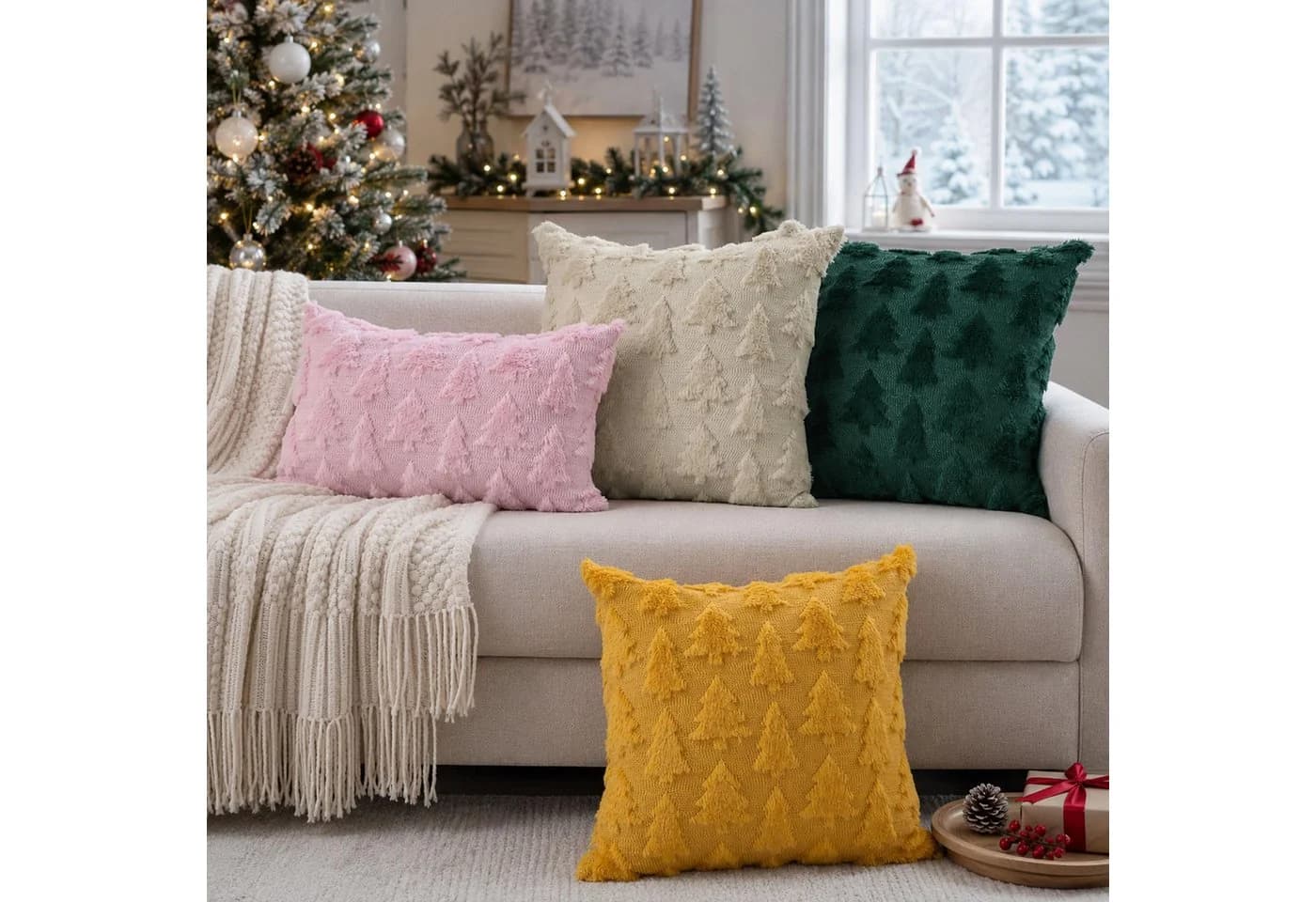 Sorvyzxn Kissenbezug Weihnachtsbaum 2er-Set Beige Plüsch - Bild 3