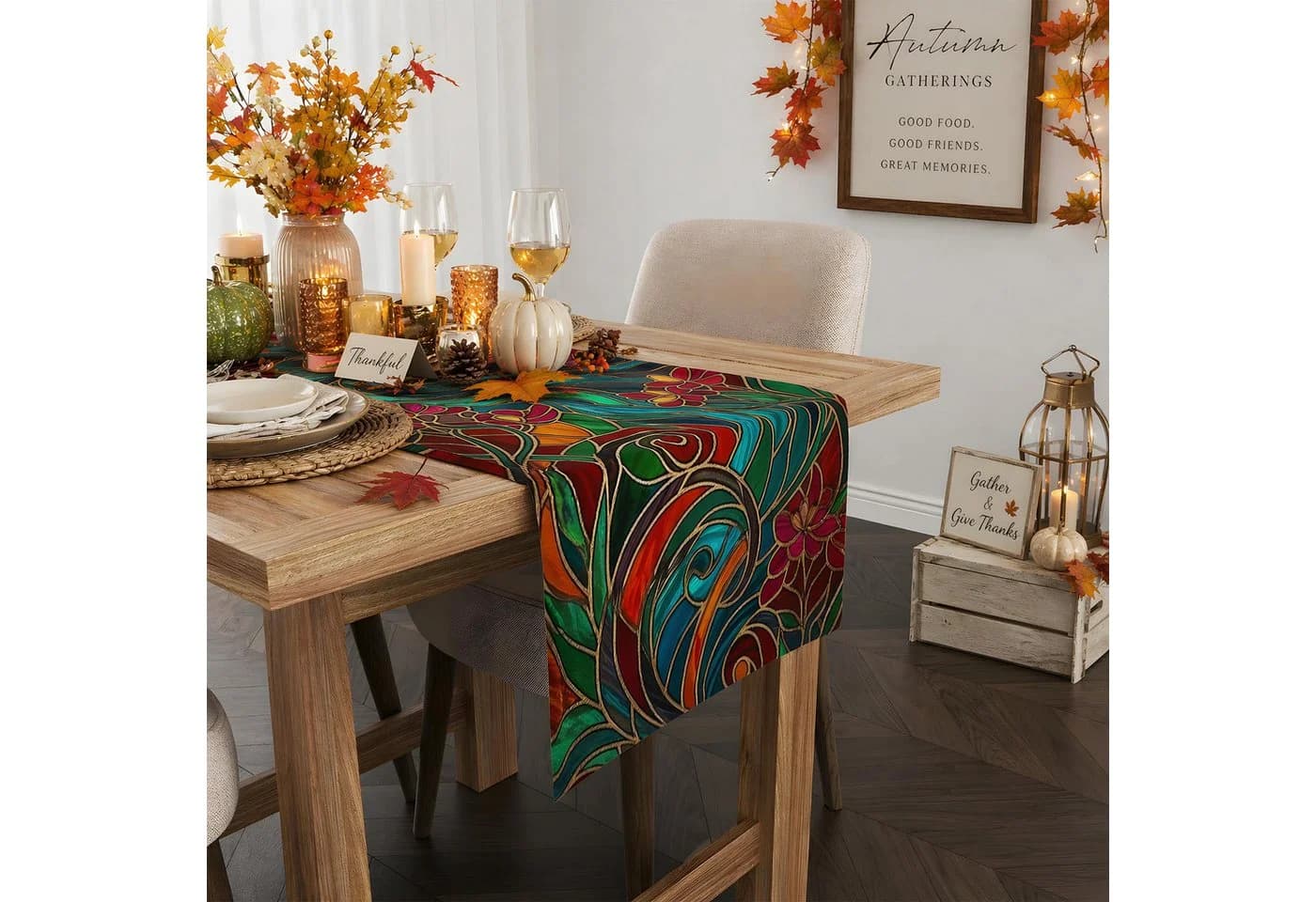 Sorvyzxn Tischläufer Herbstdeko Buntglas-Design Polyester
