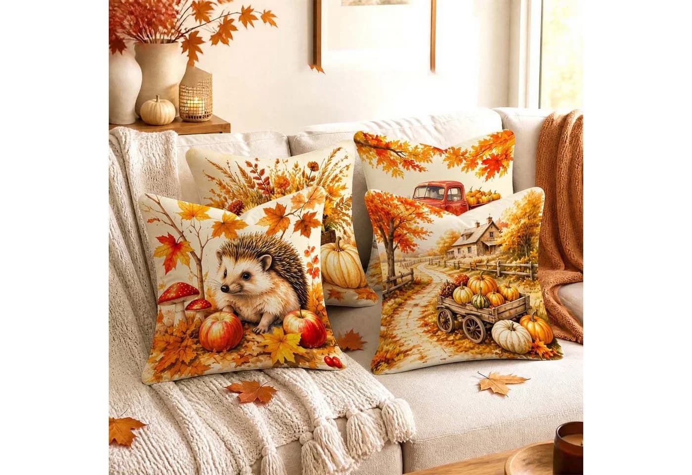 Zyronn Kissenbezug 4er-Set Herbst Kürbis Motiv Polyester - Bild 4