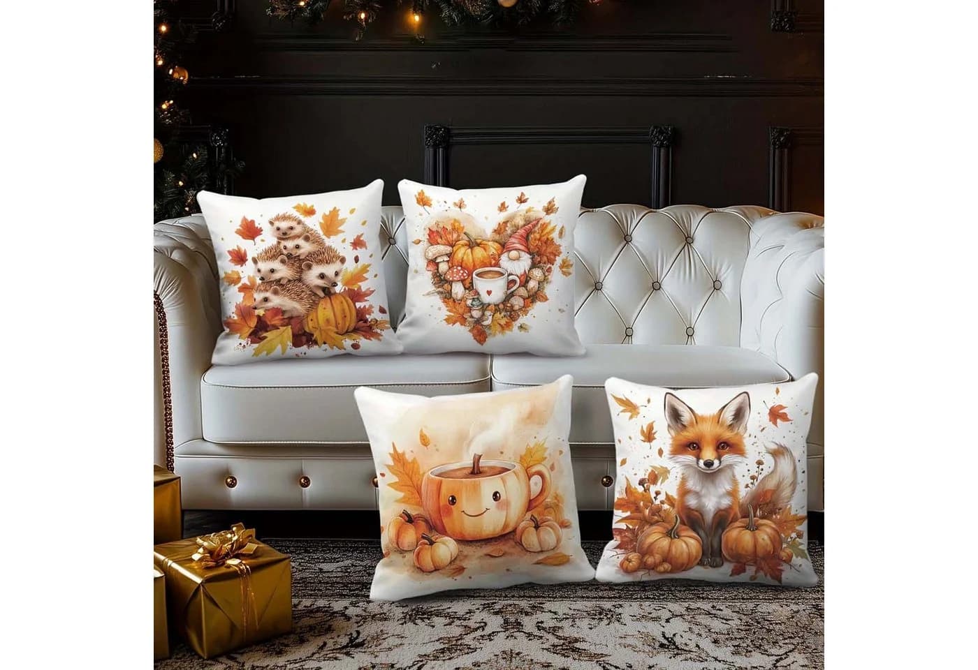 Zyronn Kissenbezug 4er-Set Herbst Kürbis Motiv Polyester - Bild 4