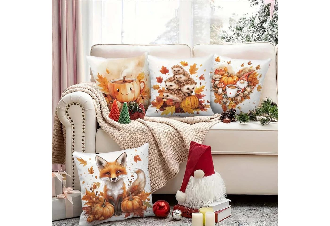 Zyronn Kissenbezug 4er-Set Herbst Kürbis Motiv Polyester - Bild 5