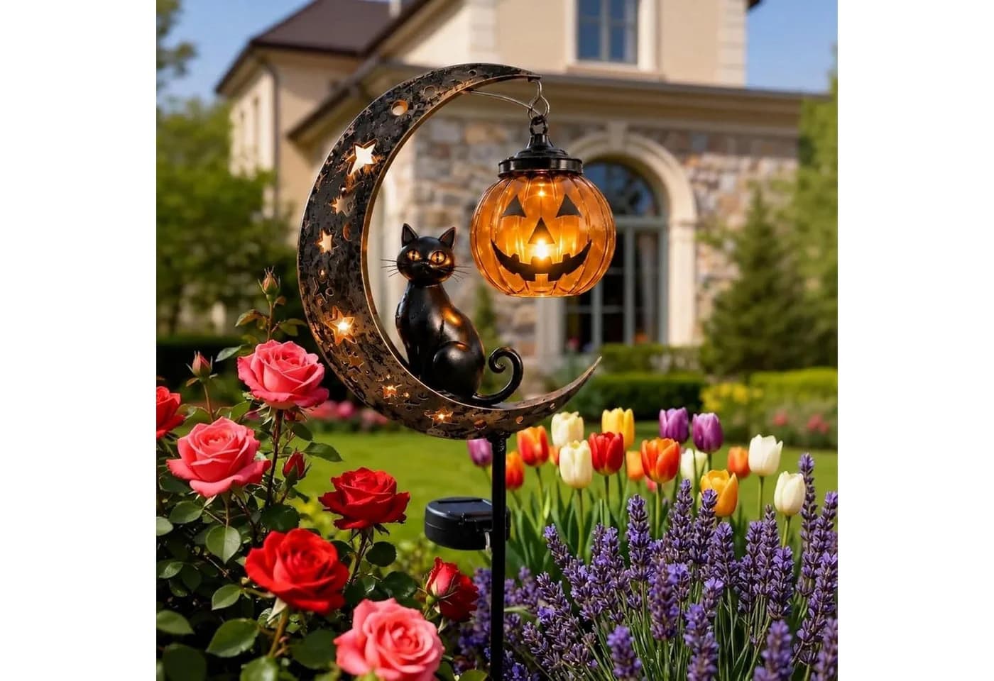 nsihing Solar-Gartenleuchte Halloween Katze Kürbis Mond Schwarz Metall - Bild 3