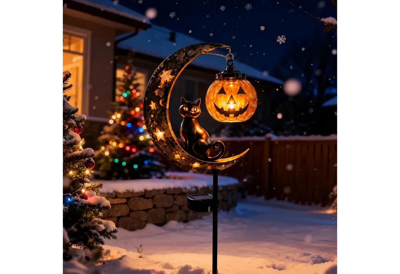 nsihing Solar-Gartenleuchte Halloween Katze Kürbis Mond Schwarz Metall - Bild 4