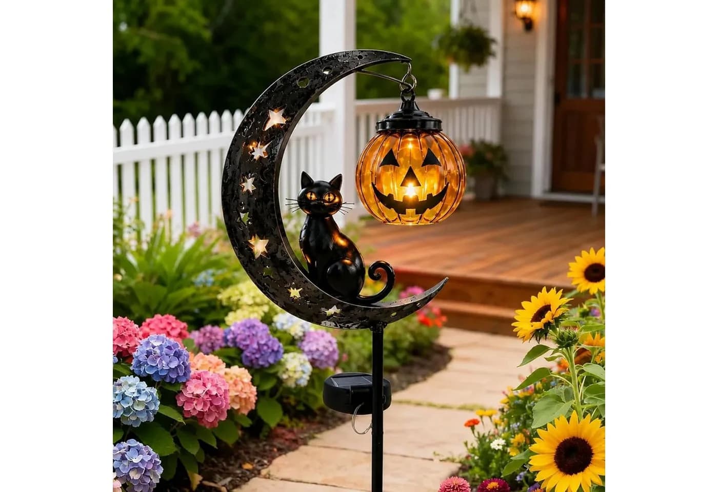 nsihing Solar-Gartenleuchte Halloween Katze Kürbis Mond Schwarz Metall - Bild 5