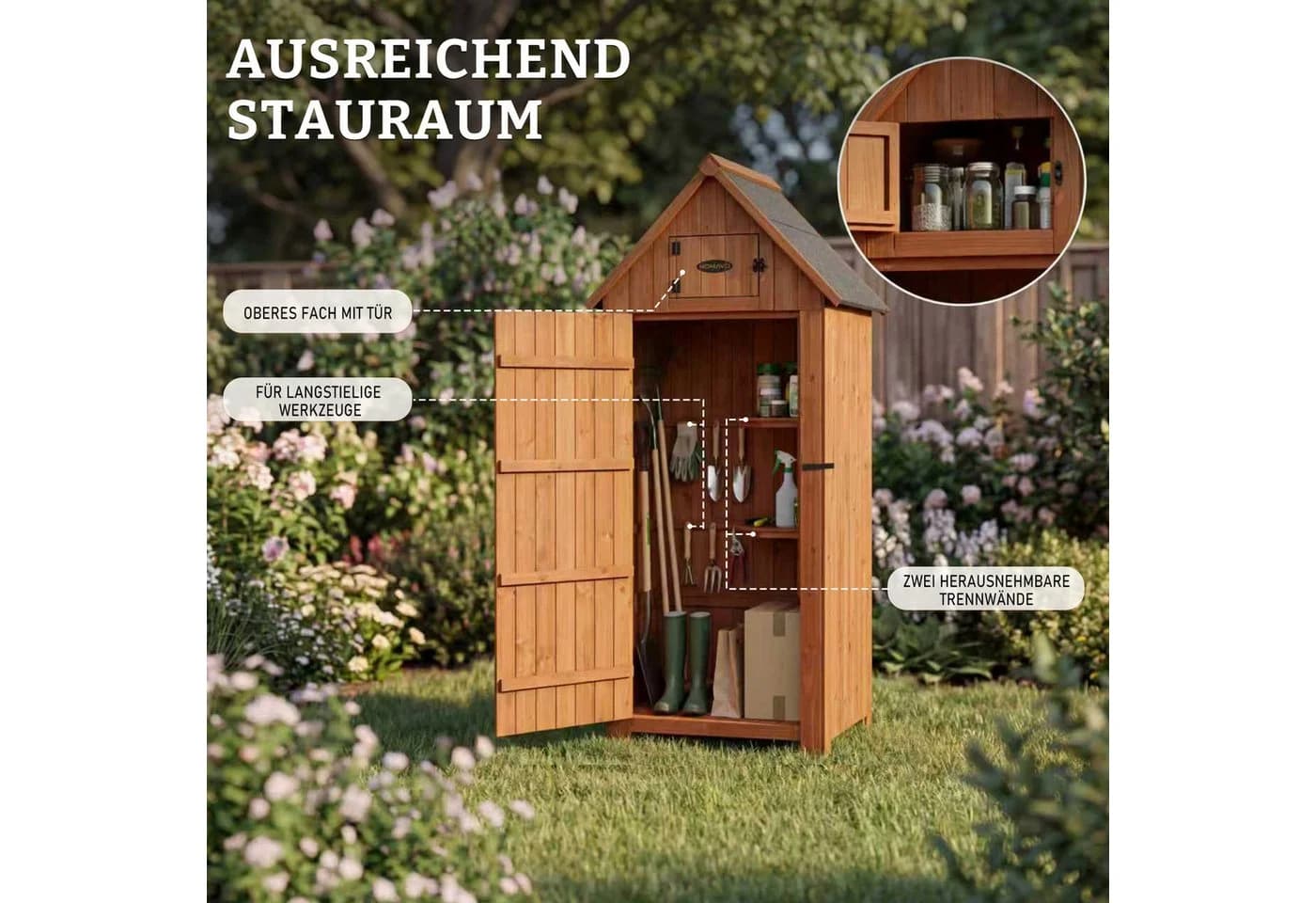 HOMAVO Gerätehaus Gartenschrank aus Tannenholz mit 3 Böden
