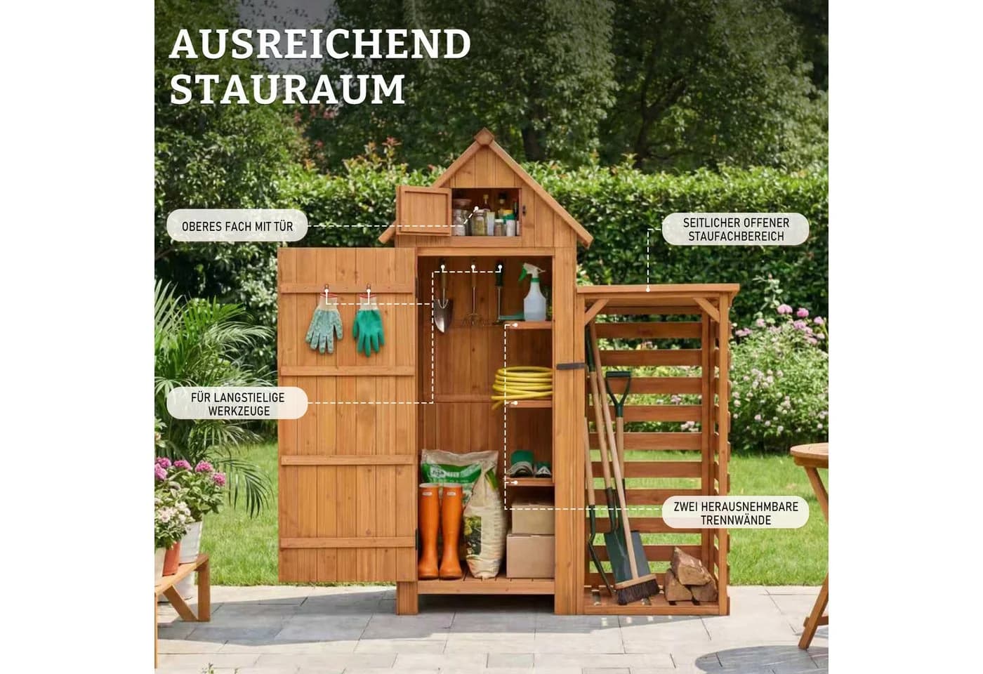 HOMAVO Gerätehaus mit Kaminholzregal Gartenschrank Werkzeugschuppen