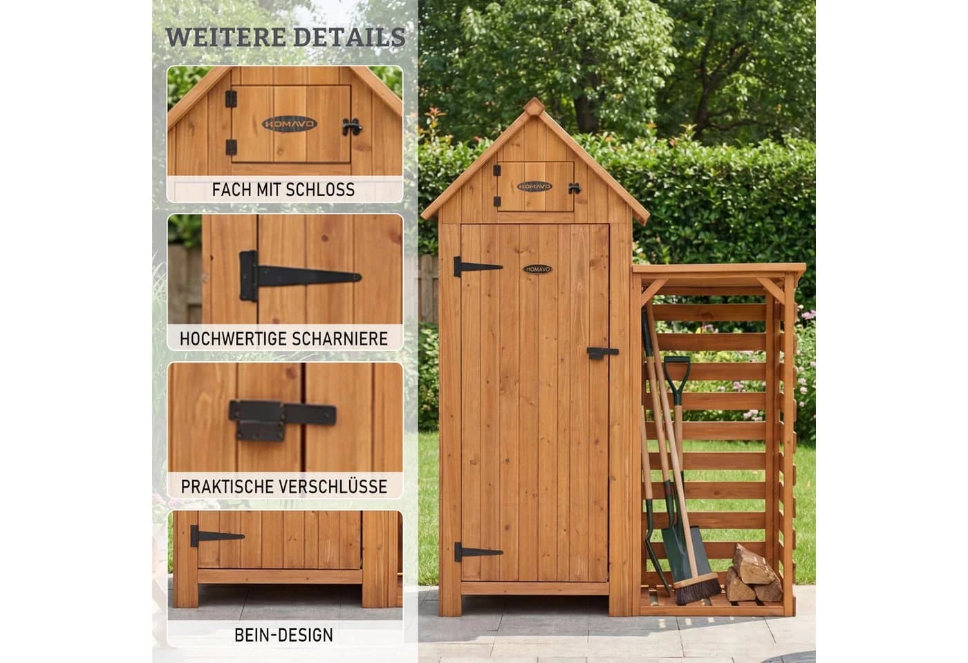 HOMAVO Gerätehaus mit Kaminholzregal Gartenschrank Werkzeugschuppen - Bild 3