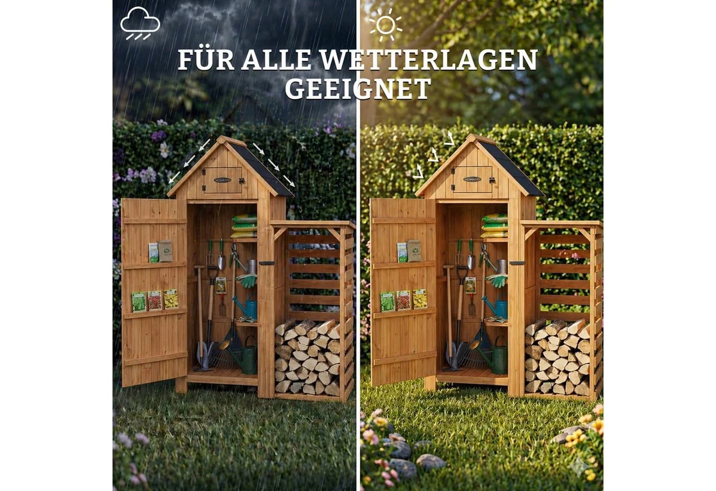 HOMAVO Gerätehaus mit Kaminholzregal Gartenschrank Werkzeugschuppen - Bild 4