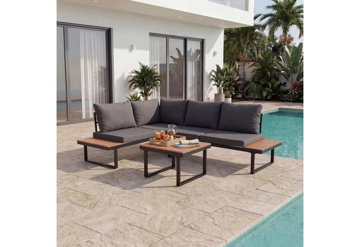 HOMAVO Gartenlounge-Set L-Form Schwarzgrau mit Couchtisch - Bild 2