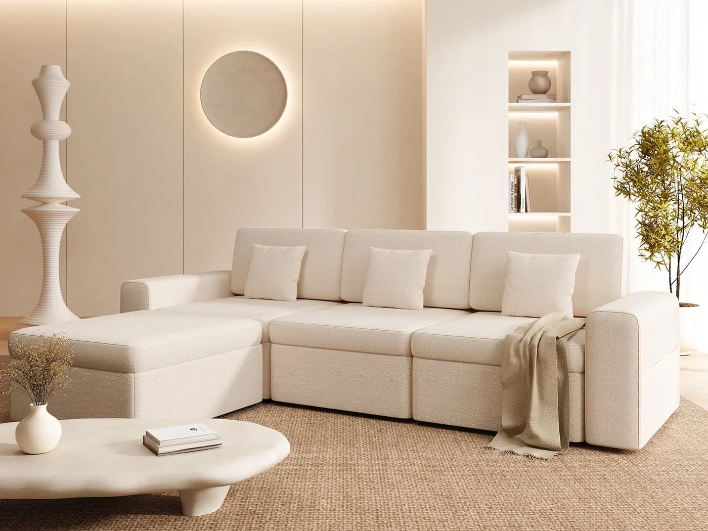 HOMAVO Ecksofa Schlafsofa Beige Chenille Modulsofa mit Stauraum - Bild 2