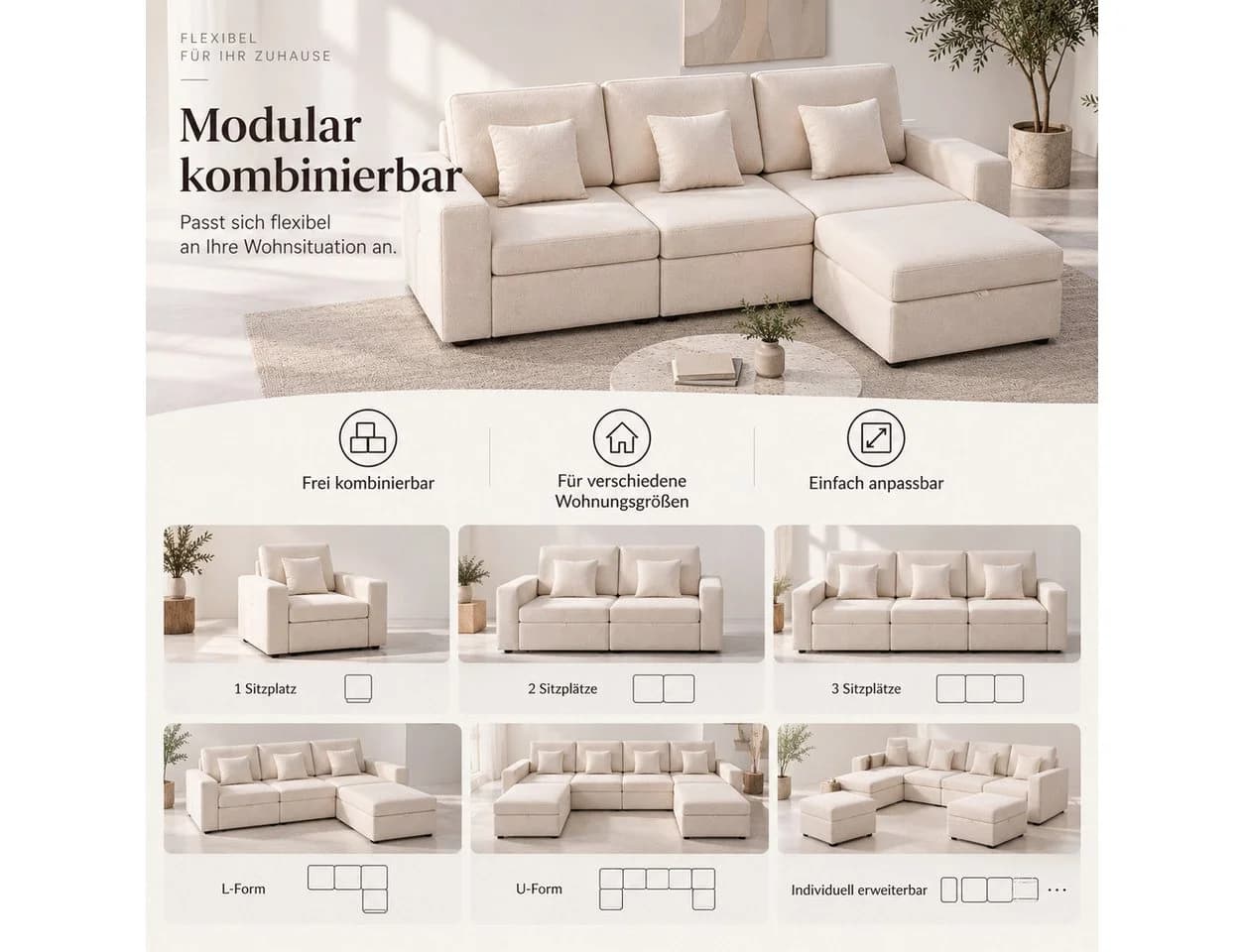 HOMAVO Ecksofa Schlafsofa Beige Chenille Modulsofa mit Stauraum - Bild 3