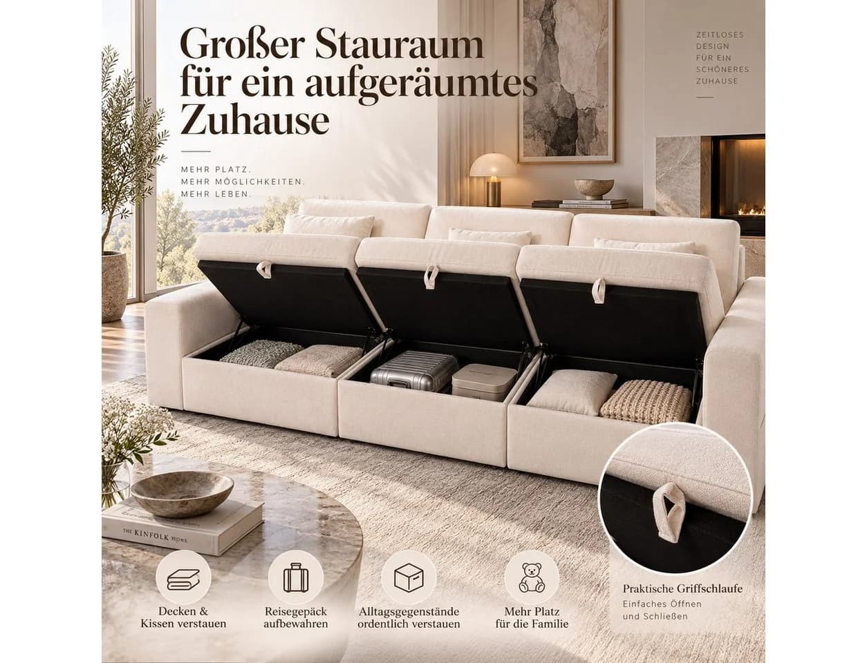 HOMAVO Ecksofa Schlafsofa Beige Chenille Modulsofa mit Stauraum - Bild 4