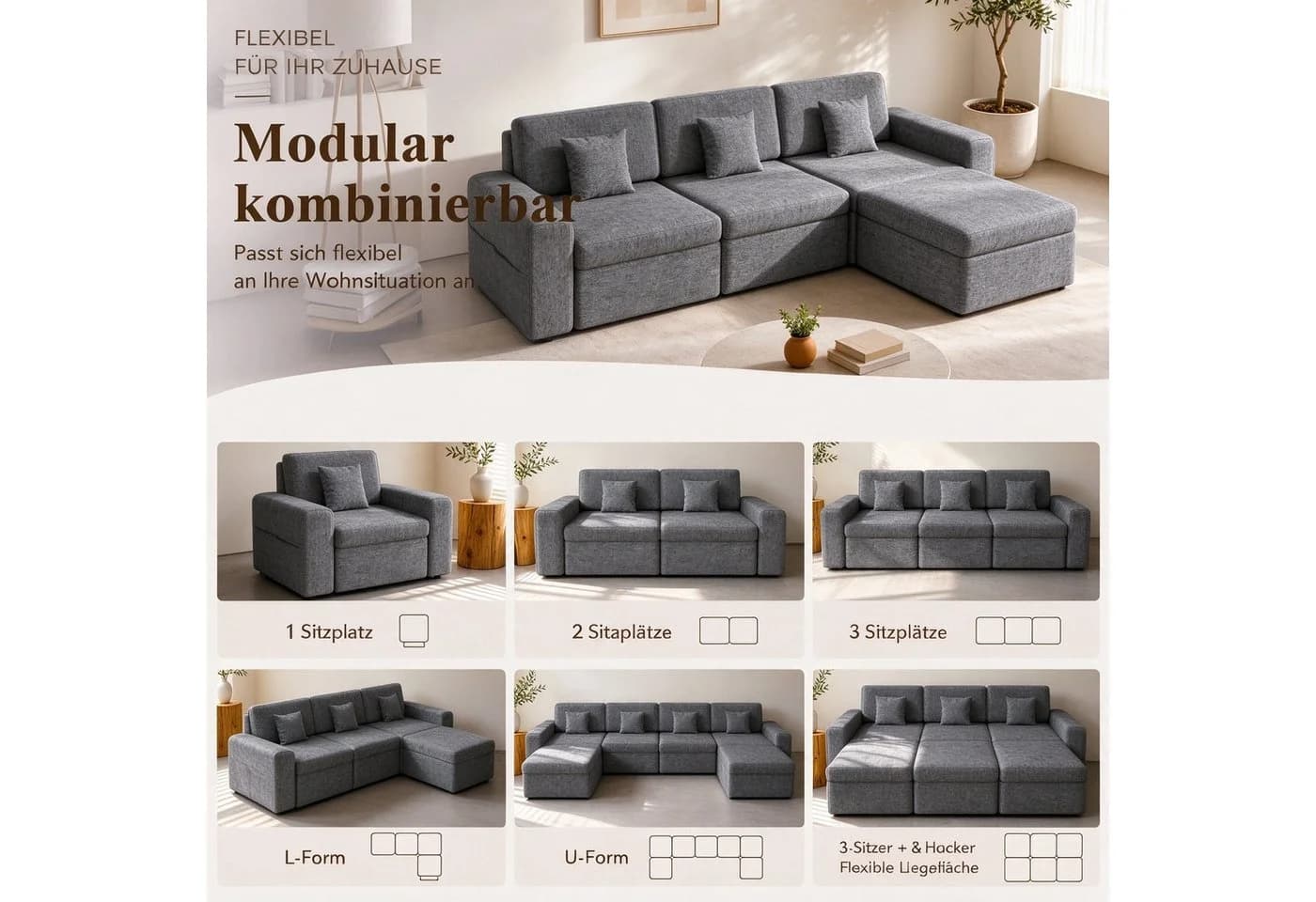 HOMAVO Ecksofa Schlafsofa Grau Chenille Modul