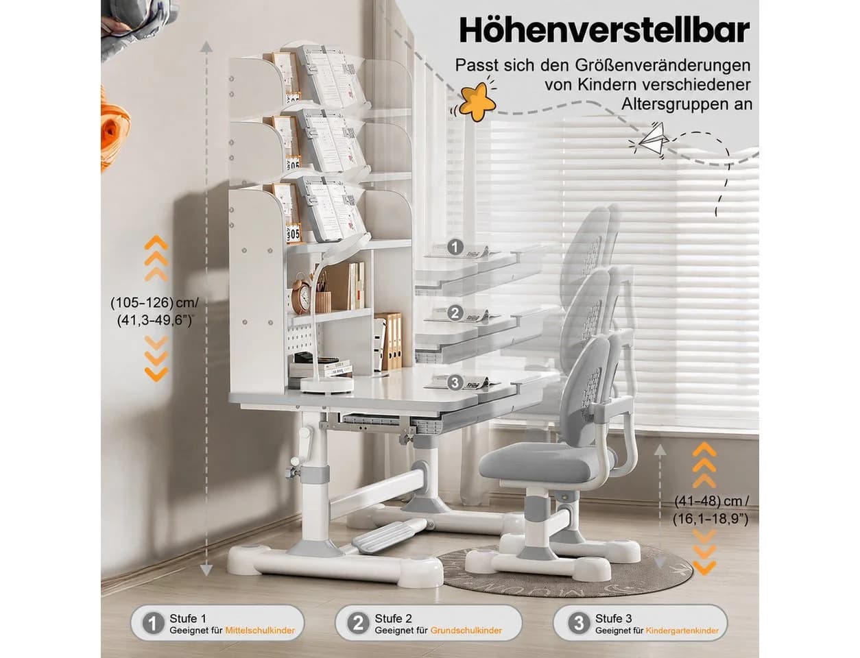 Rutaqian Kinderschreibtisch Set höhenverstellbar mit Stuhl grau - Bild 5